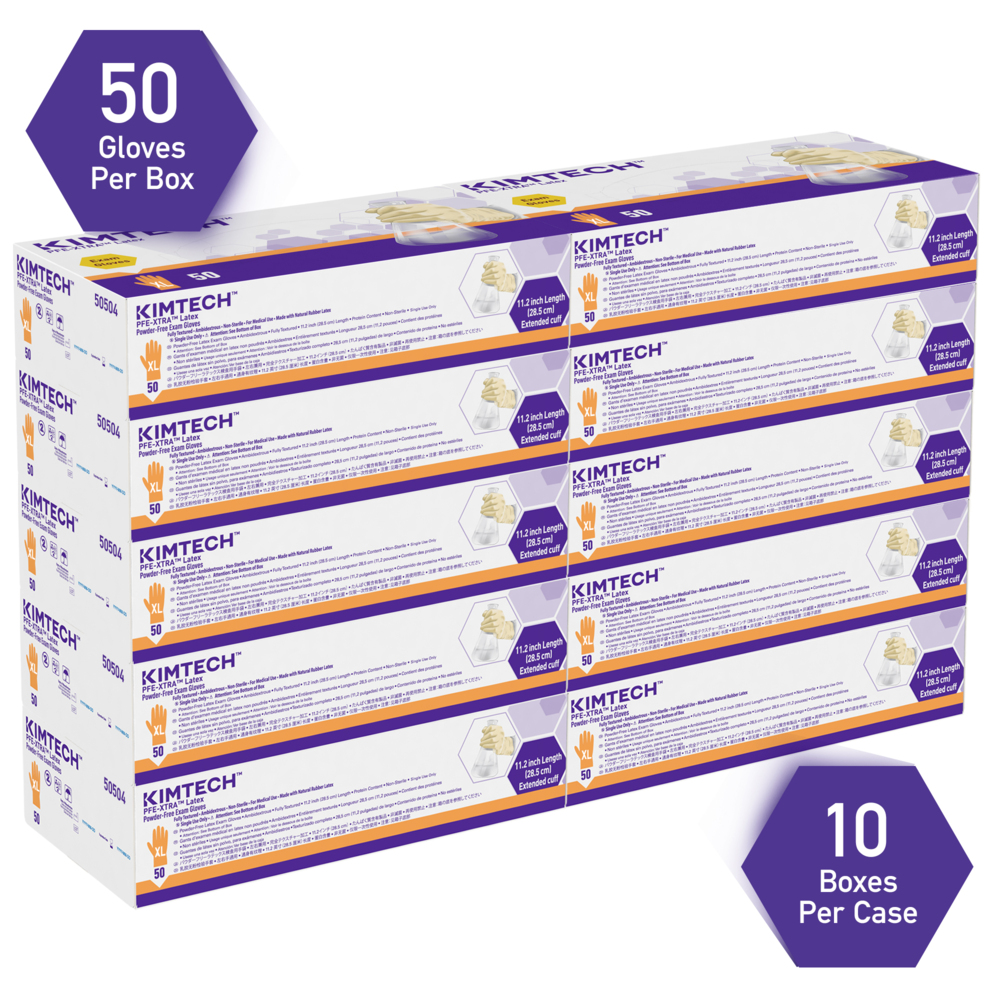 Kimberly-Clark™  PFE-Xtra Latex Exam Gloves (50504), 10.2 Mil, Ambidextrous, 12”, XL, Natural Color, 50 / Box, 10 Boxes, 500 Gloves / Case - 50504
