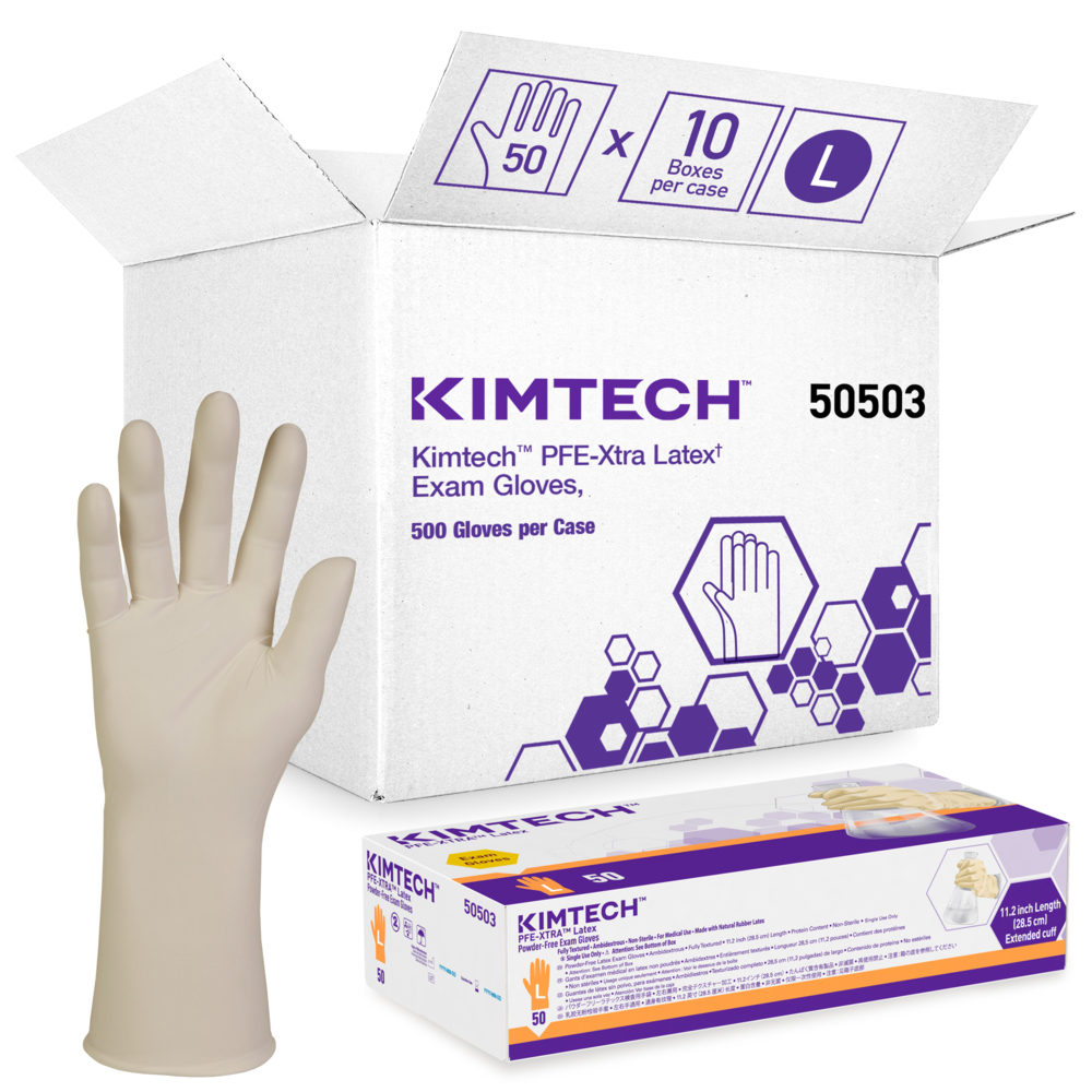 Gants d’examen en latex Kimberly-Clark PFE-Xtra (50503), 10,2 mil, ambidextres, 12 po, grand, couleur naturelle, 50/boîte, 10 boîtes, 500 gants/caisse - 50503