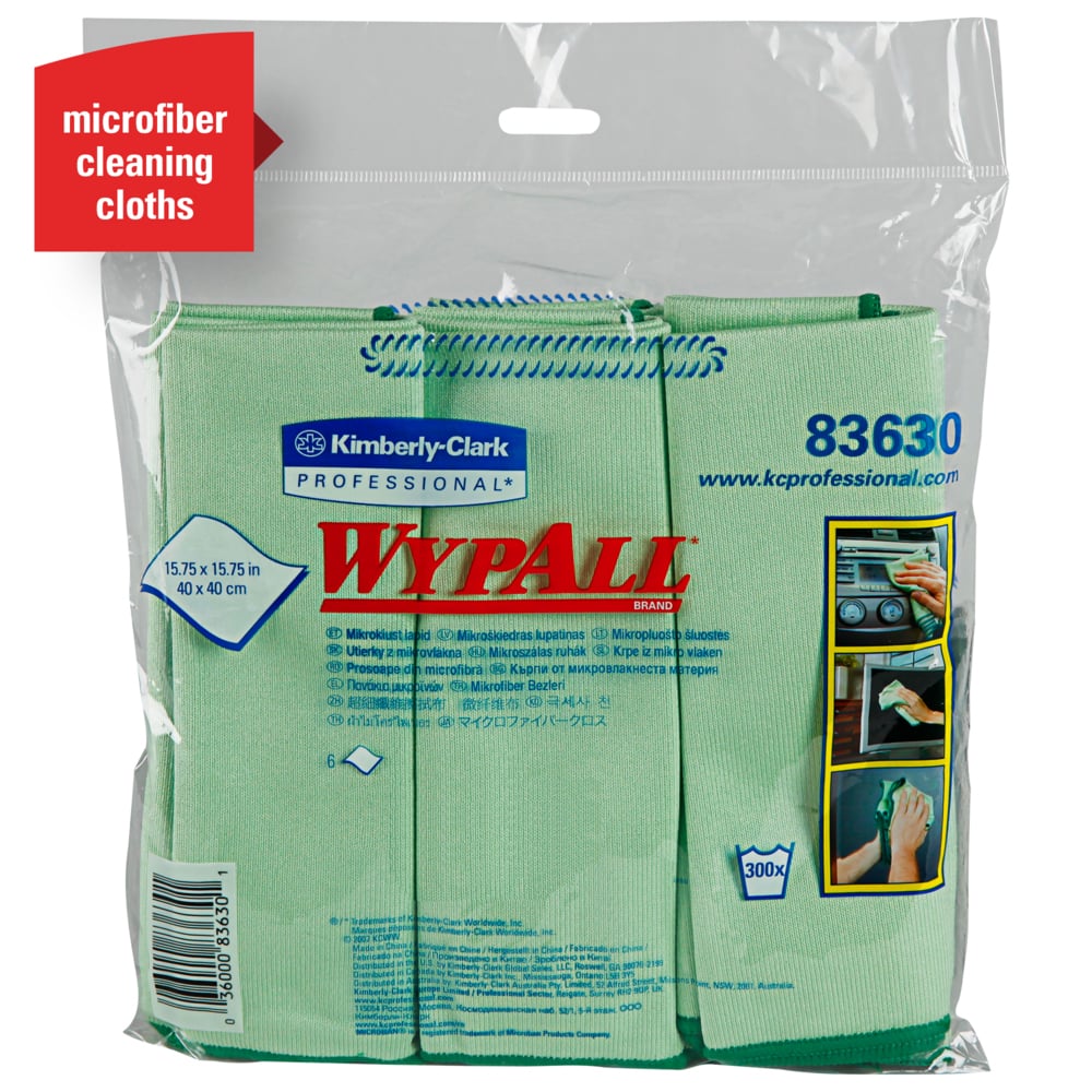 WypAll® Microfiber Cloths (83630), Reusable, 15.75” x 15.75”, Green for Glass and Mirrors, 4 Packs / Case, 6 Wipes / Container, 24 Wipes / Case - 83630
