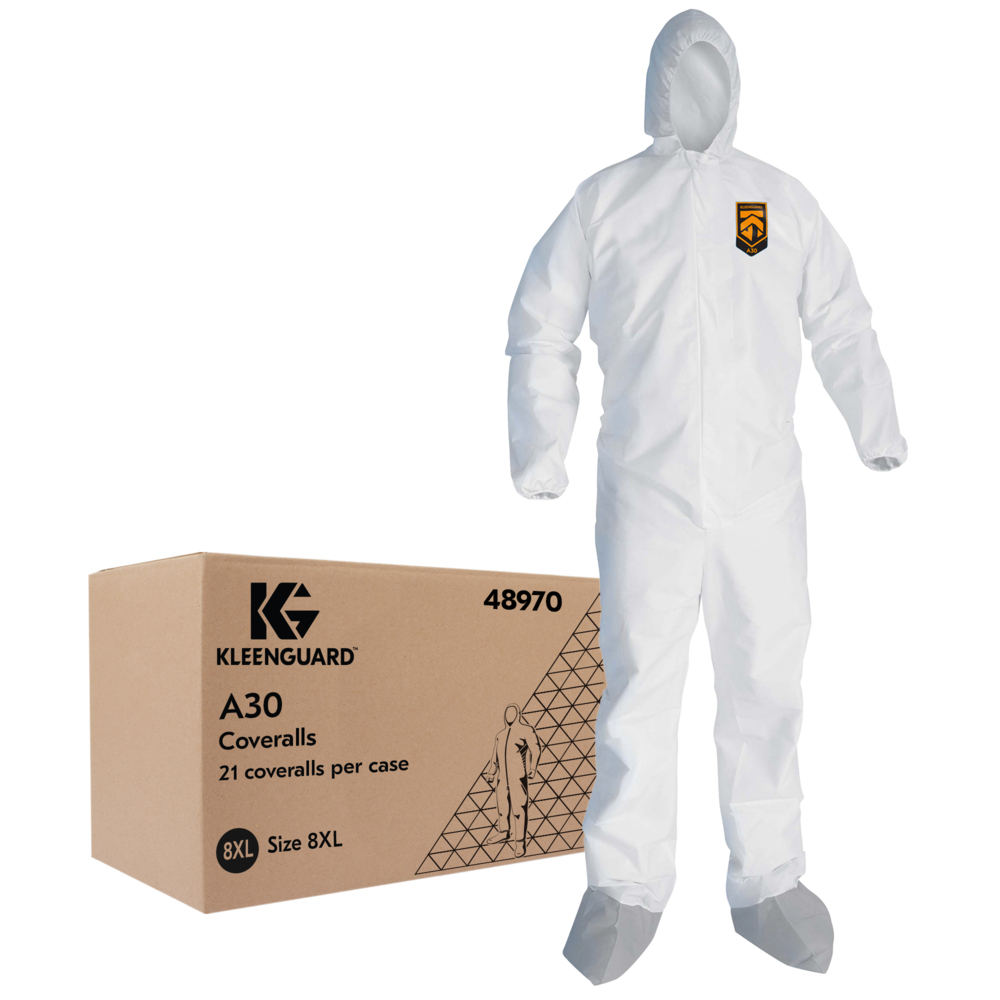 Combinaison de protection contre les particules et les éclaboussures perméables à l’air Kleenguard A30 (48970), conception REFLEX, capuchon, nouvelles bottes antidérapantes, fermeture clair à l’avant, bottes, bande élastique aux poignets, blanche, 8TG, 21/caisse - 48970