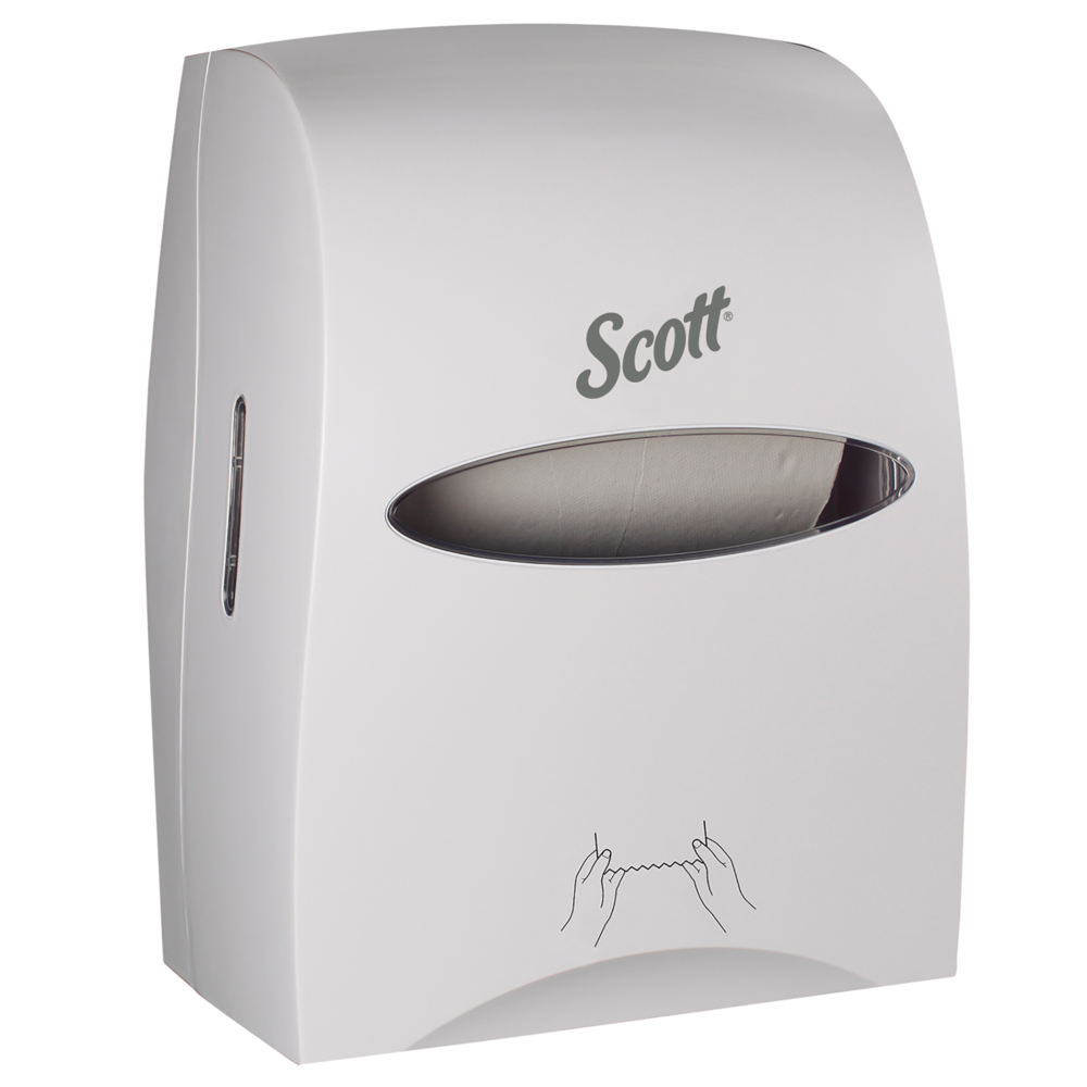 Distributrice manuelle d’essuie-mains en rouleau Scott® Essential™ (46254), blanche, pour les essuie-mains en rouleau Scott® avec mandrin violet, 32,08 cm x 40,97 cm x 25,91 cm (12,63 po x 16,13 po x 10,2 po) (qté 1) - 46254