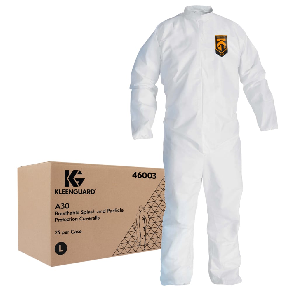 KleenGuard™ A30 Breathable Splash and Particle Protection Coveralls (46003), REFLEX Design, Zip Front, Open Wrists & Ankles, White, Large, 25 / Case - 46003