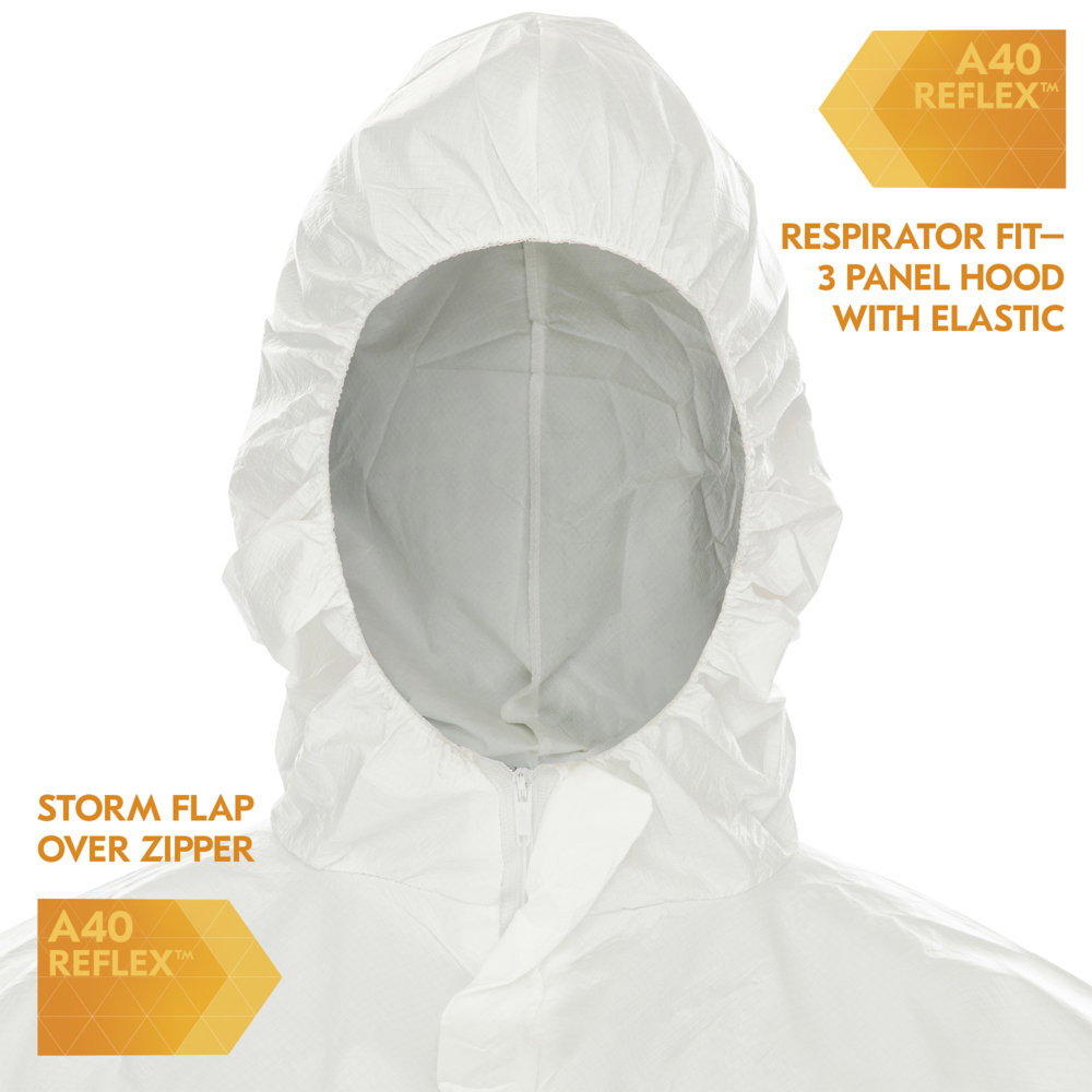 KleenGuard™ A40 Reflex™ Liquid & Particle Protection Coveralls (47997), Respirator Fit Hood, Storm Flap Zip Front, Elastic Waist, Wrists & Ankles with Thumb Loops, White, XL, 25 Garments/Case - 47997