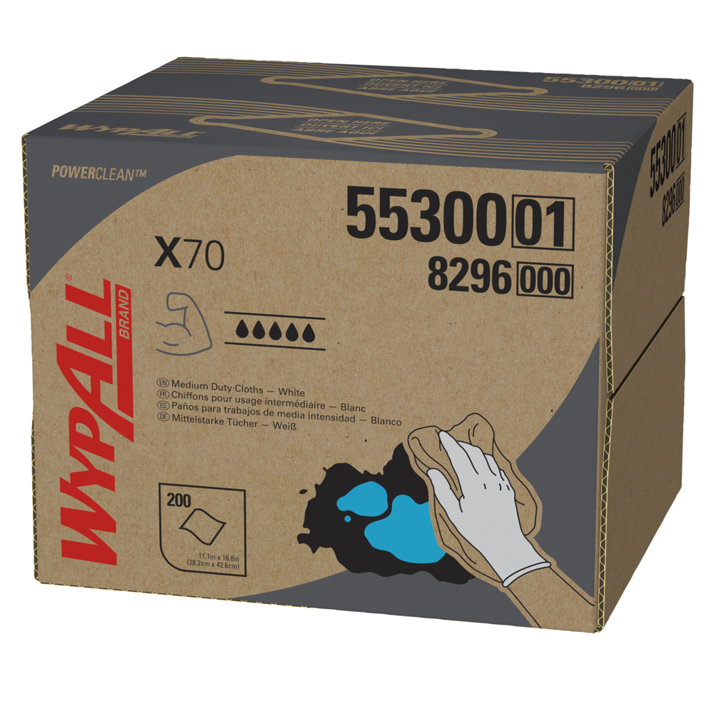 Chiffons de nettoyage moyen WypAll® X70 Power Clean (55300), boîte BRAG, blancs, 1 boîte avec 200 feuilles - 55300
