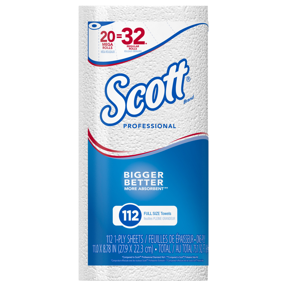 Essuie-tout Scott® Professional (53930) avec poches d'absorption à séchage rapide, rouleaux d'essuie-tout MEGA perforés, 112 feuilles / rouleau, 20 rouleaux / caisse - 53930