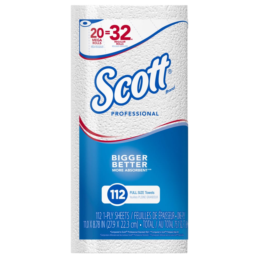 Scott® Professional Kitchen Paper Towels (53930), with Fast-Drying Absorbency Pockets™, White, Perforated MEGA Paper Towel Rolls, (20 Rolls/Case, 112 Sheets/Roll, 2,240 Sheets/Case) - 53930