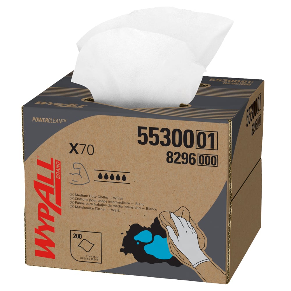 Chiffons de nettoyage moyen WypAll® X70 Power Clean (55300), boîte BRAG, blancs, 1 boîte avec 200 feuilles - 55300