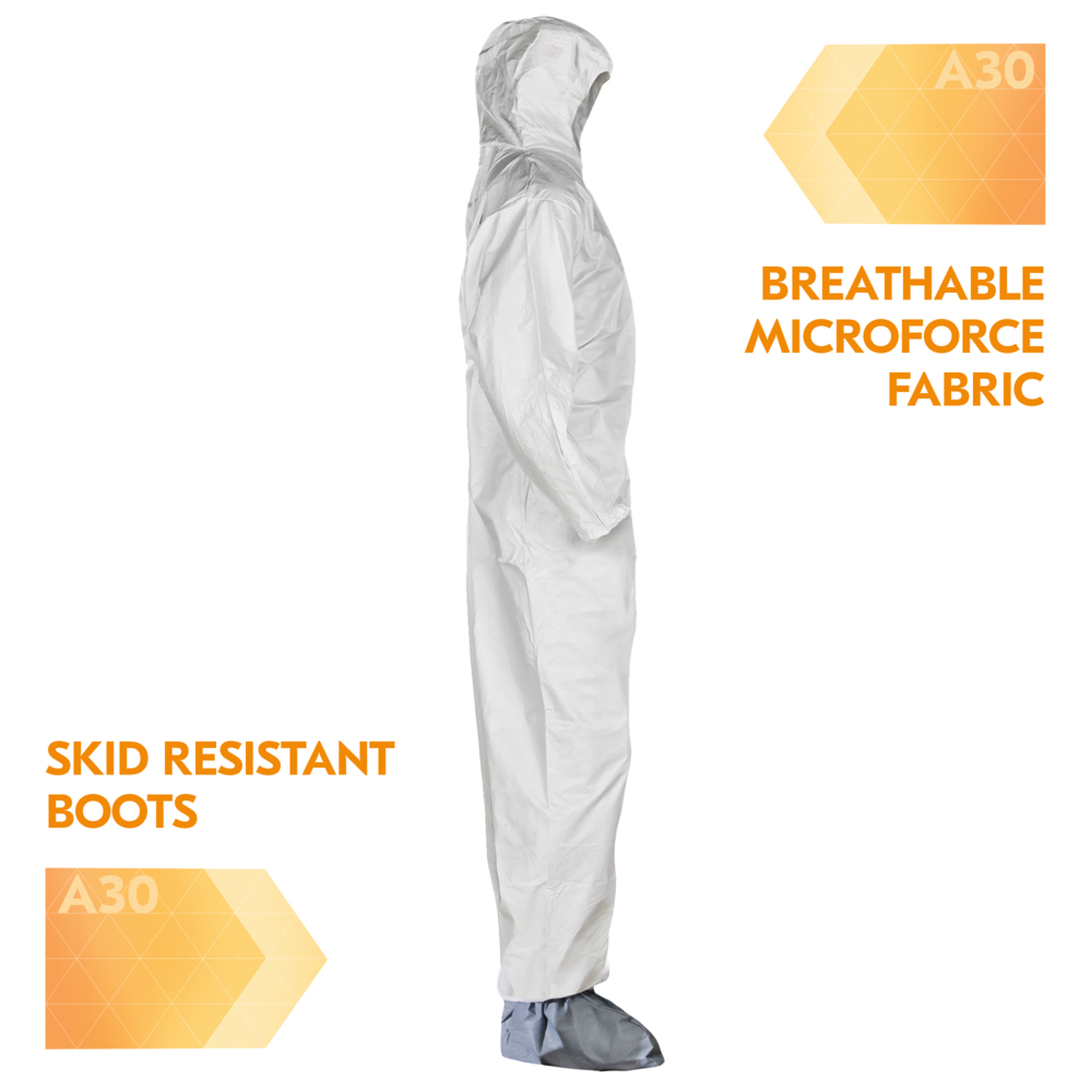 KleenGuard™ A30 Breathable Splash and Particle Protection Coveralls (48966), REFLEX Design, Hood, New Skid-Resistant Boots, Zip Front, Boots, Elastic Wrists, White, 3XL, 21 / Case - 48966