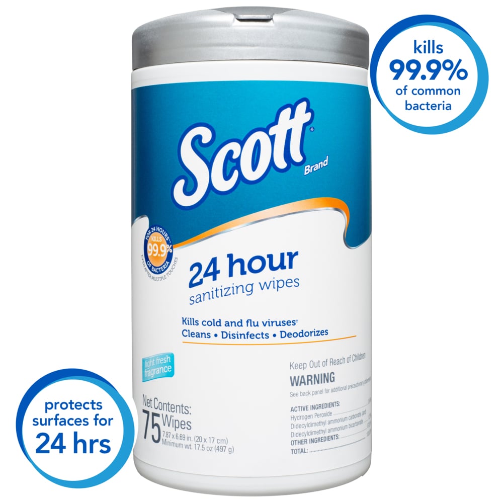 Scott 24 Hour Sanitizing Wipes – Multi-Surface Cleaning & Disinfecting, Continuous Sanitization For 24 Hours – (53686), 6 Canisters x 75 Count, 450 Wipes - 53686