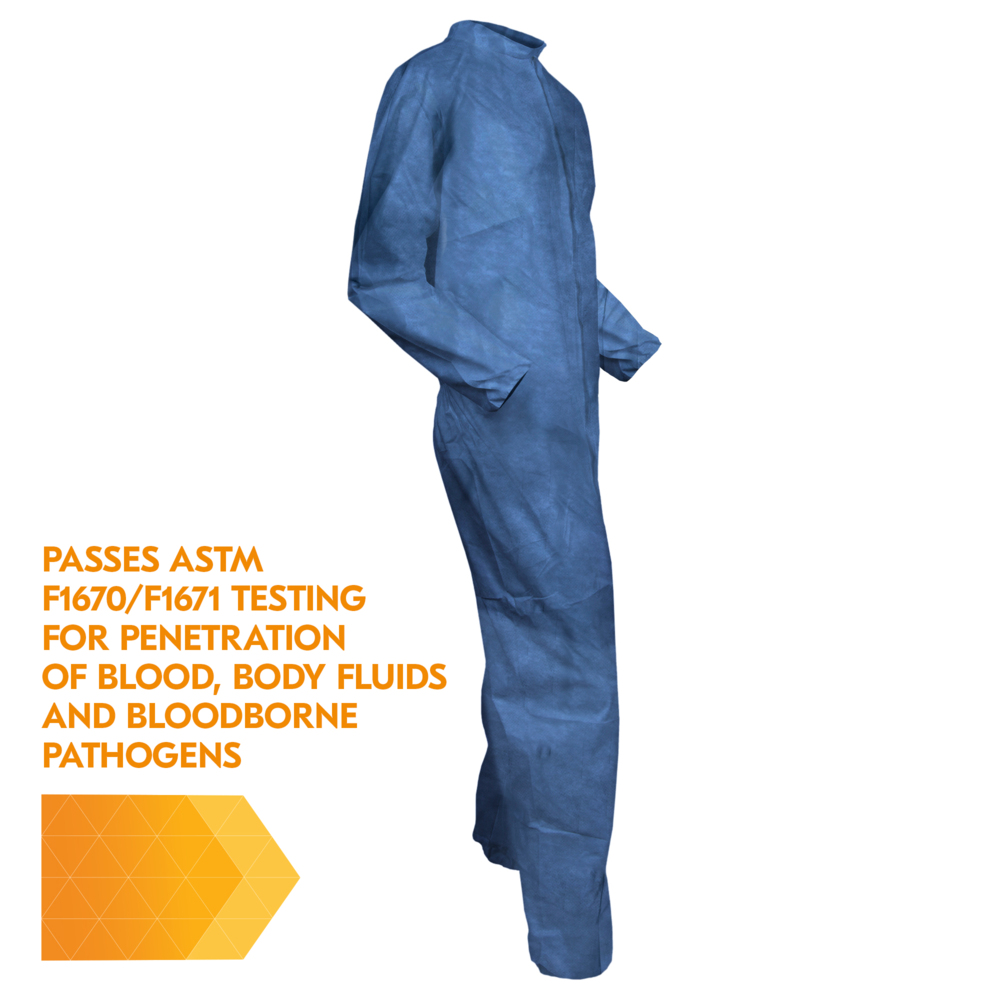 KleenGuard™ Chemical Resistant Suit, A60 Bloodborne Pathogen & Chemical Splash Protection Coveralls (45003), Large, Blue, 24 Garments / Case - 45003
