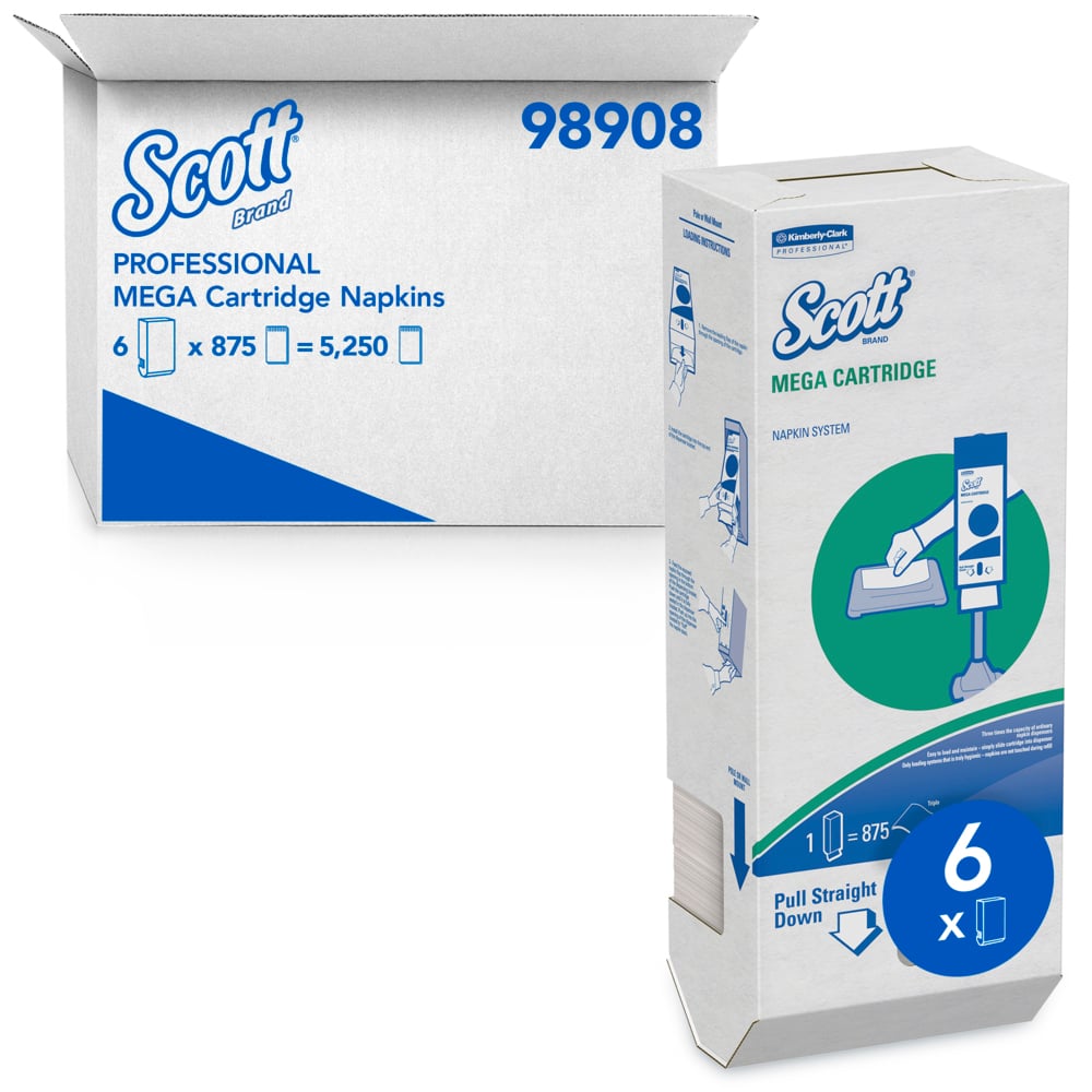 Scott® Mega Cartridge Napkin Box (98908), Disposable Paper Napkins, 6 Cartons of 875 Beverage Napkins (5,250 Napkins / Case) - 98908