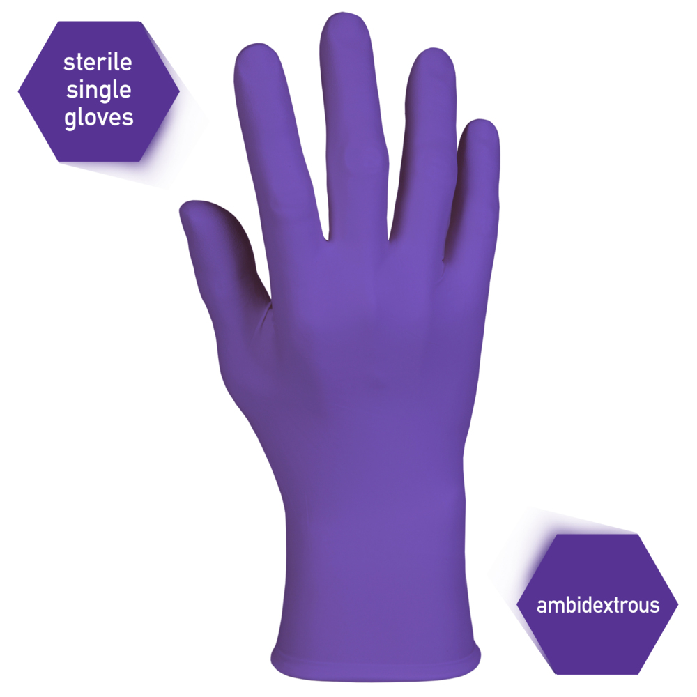 Kimberly-Clark Purple Nitrile™  Single Sterile Exam Gloves (52102), 5.9 Mil, AQL 1.0, Ambidextrous, 9.5”, Medium, 100 Singles / Box, 4 Boxes / Case, 400 Gloves / Case - 52102