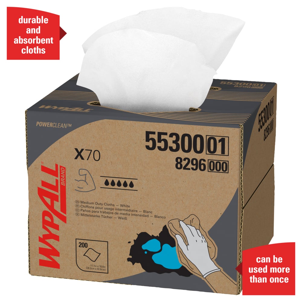 WypAll® Power Clean X70 Medium Duty Cloths (55300), Brag Box, White, 1 Box with 200 Sheets - 55300