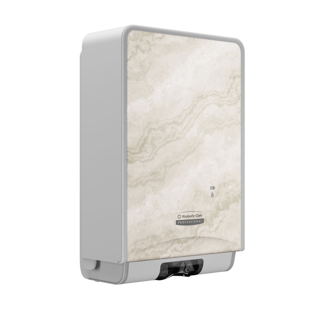 Distributrice automatique de savon et de désinfectant ICON™ de Kimberly-Clark Professional (58744), avec plaque de revêtement décorative au motif de marbre chaud; une distributrice et une plaque de revêtement par caisse - 58744