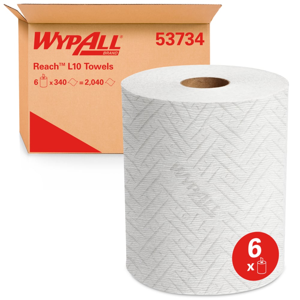 Lingettes de nettoyage léger WypAll® REACH™ L10 General Clean (53734), Rouleau à distribution centrale de lingettes pour la distributrice WypAll REACH (53688), 340 feuilles/rouleau, 6 rouleaux/caisse, 2 040 feuilles/caisse - 53734