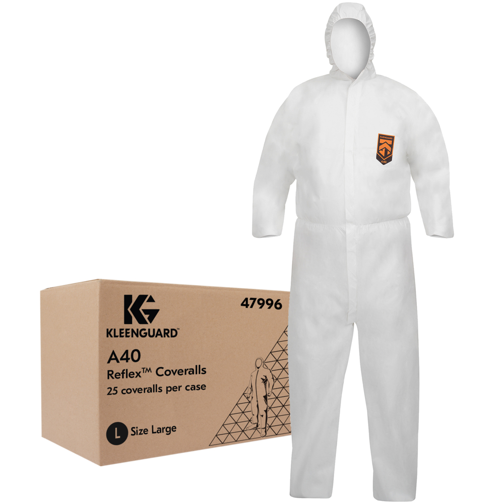 KleenGuard™ A40 Reflex™ Liquid & Particle Protection Coveralls (47996), Respirator Fit Hood, Storm Flap Zip Front, Elastic Waist, Wrists & Ankles with Thumb Loops, White, Large, 25 Garments/Case - 47996