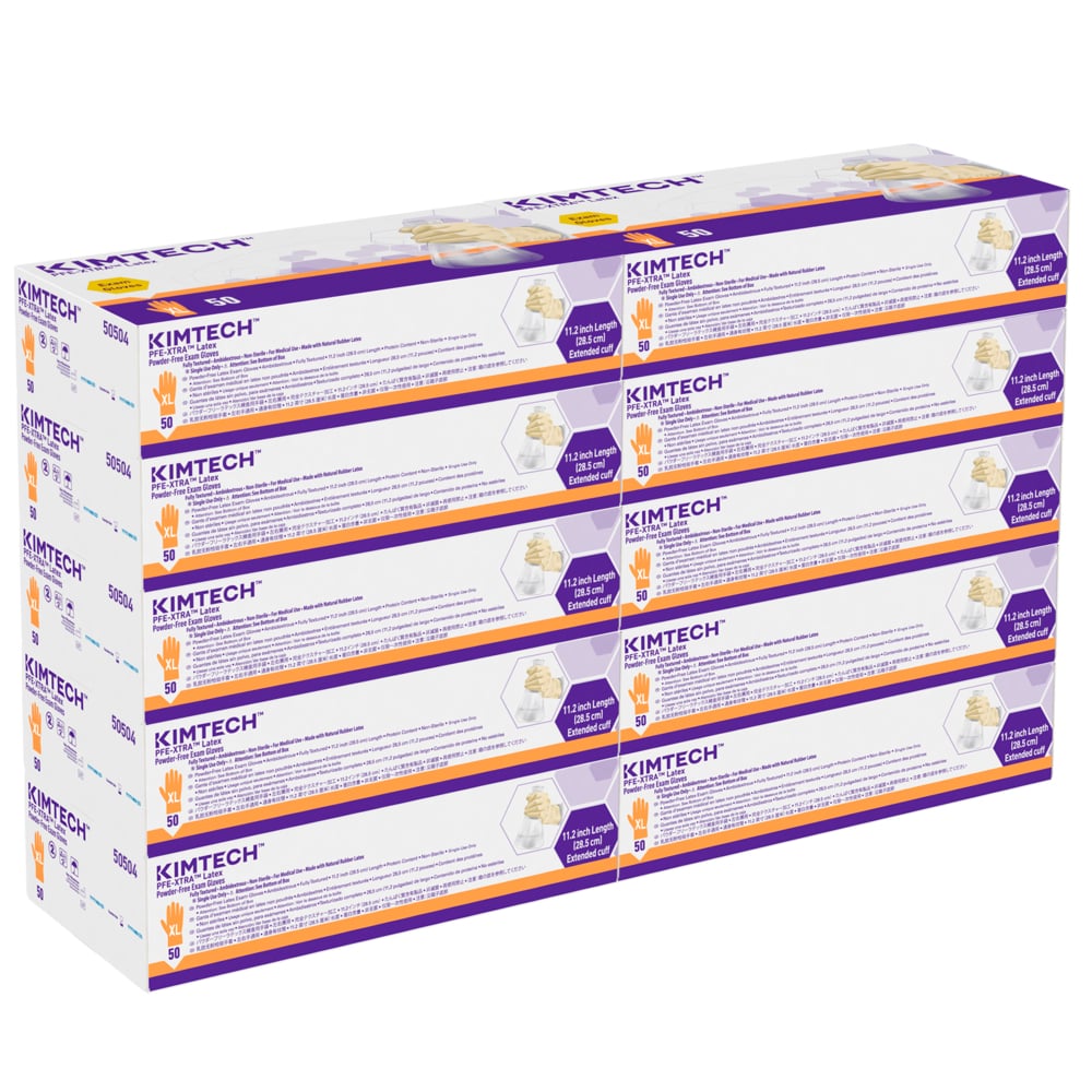 Kimberly-Clark™  PFE-Xtra Latex Exam Gloves (50504), 10.2 Mil, Ambidextrous, 12”, XL, Natural Color, 50 / Box, 10 Boxes, 500 Gloves / Case - 50504