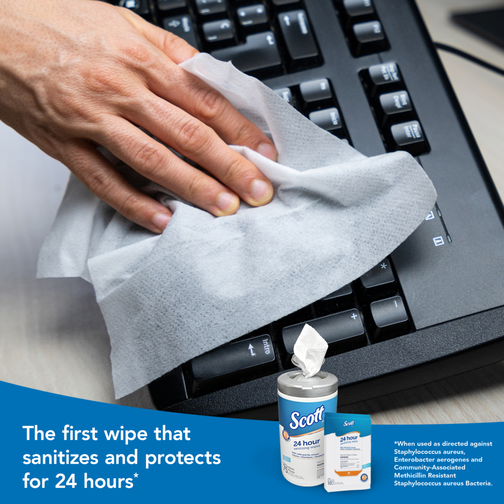 Scott 24 Hour Sanitizing Wipes – Multi-Surface Cleaning & Disinfecting, Continuous Sanitization For 24 Hours – (53686), 6 Canisters x 75 Count, 450 Wipes - 53686