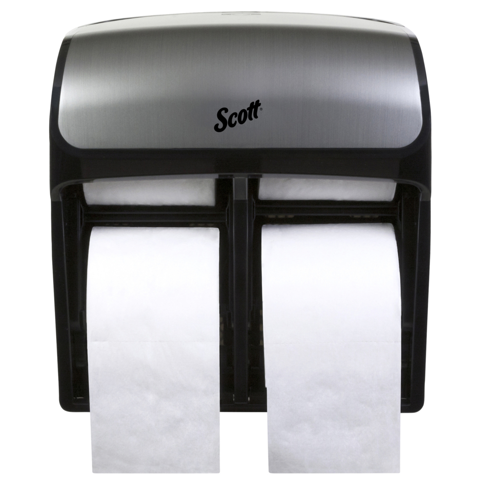 Distributrice de papier hygiénique de grande capacité Scott Pro (44519), 12,75 po x 6,3125 po x 11,25 po, pour quatre rouleaux de papier hygiénique standard Scott et Cottonelle, faux acier inoxydable, 1/caisse - 44519