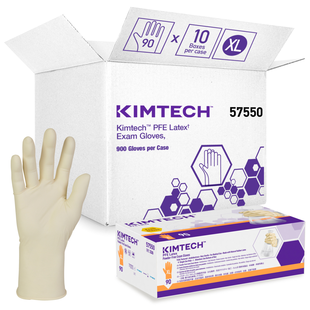 Kimberly-Clark™  PFE Latex Exam Gloves (57550), 6.3 Mil, Ambidextrous, 9.5”, XL, Natural Color, 90 / Box, 10 Boxes, 900 Gloves / Case - 57550