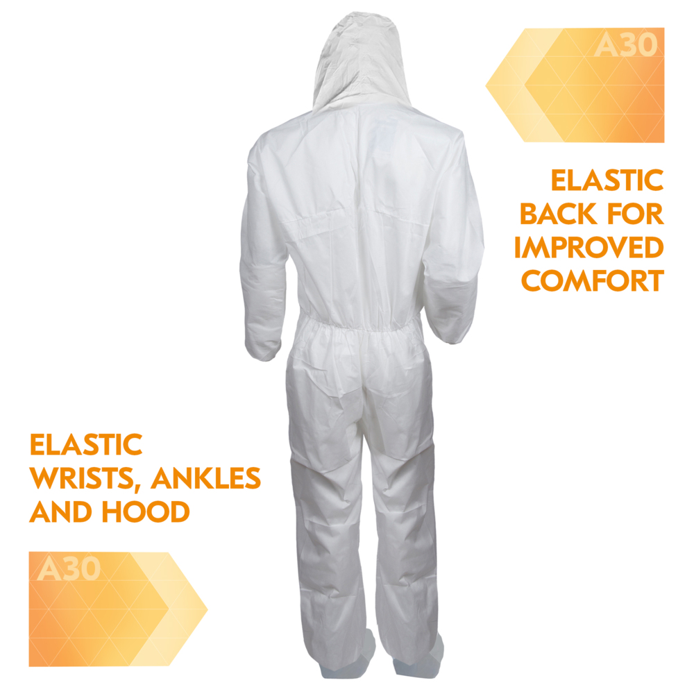 KleenGuard™ A30 Breathable Splash and Particle Protection Coveralls (48966), REFLEX Design, Hood, New Skid-Resistant Boots, Zip Front, Boots, Elastic Wrists, White, 3XL, 21 / Case - 48966