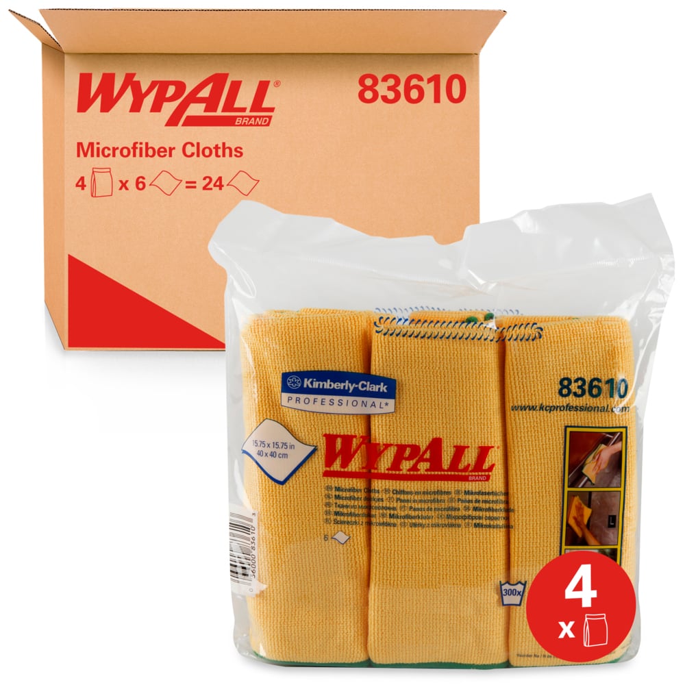 Chiffons en microfibre Wypall (83610) réutilisables, 15,75 po x 15,75 po, or (jaune), 4 paquets/caisses, 6 chiffons/contenant, 24/caisse - 83610