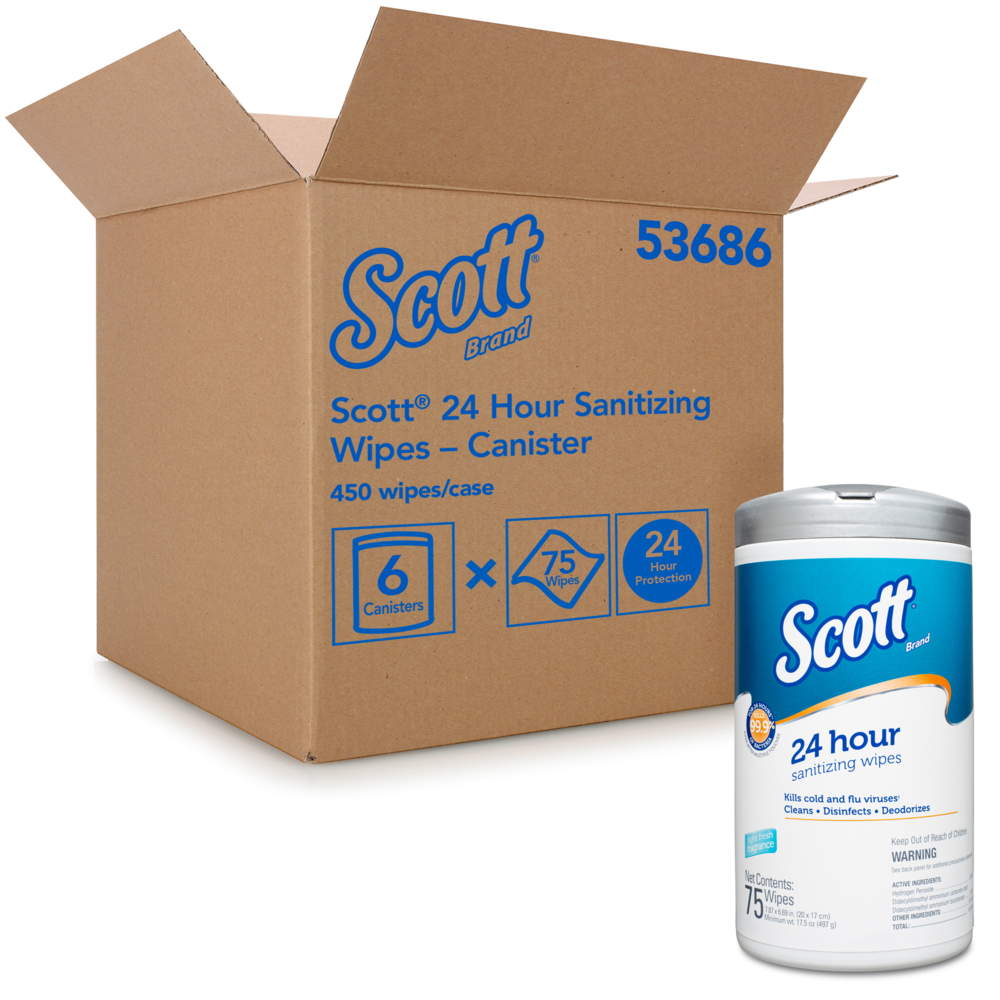 Scott 24 Hour Sanitizing Wipes – Multi-Surface Cleaning & Disinfecting, Continuous Sanitization For 24 Hours – (53686), 6 Canisters x 75 Count, 450 Wipes - 53686