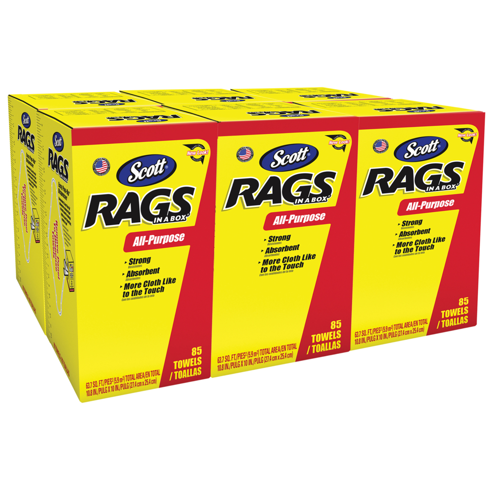 Scott® Rags In A Box™ (52782), White, 10.8” x 10”, 85 Shop Towels/ Box, 6 Boxes/Case, 510 Towels/Case - 52782