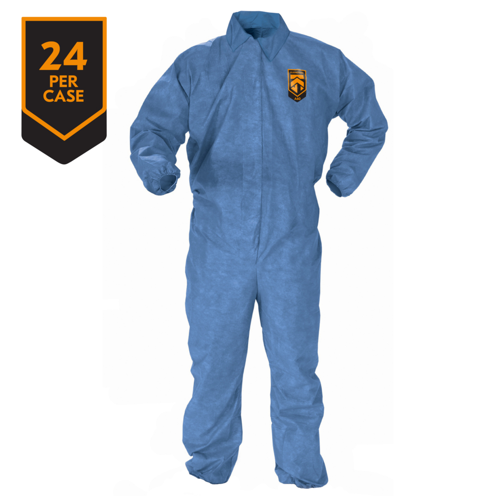 KleenGuard™ Chemical Resistant Suit, A60 Bloodborne Pathogen & Chemical Splash Protection Coveralls (45003), Large, Blue, 24 Garments / Case - 45003