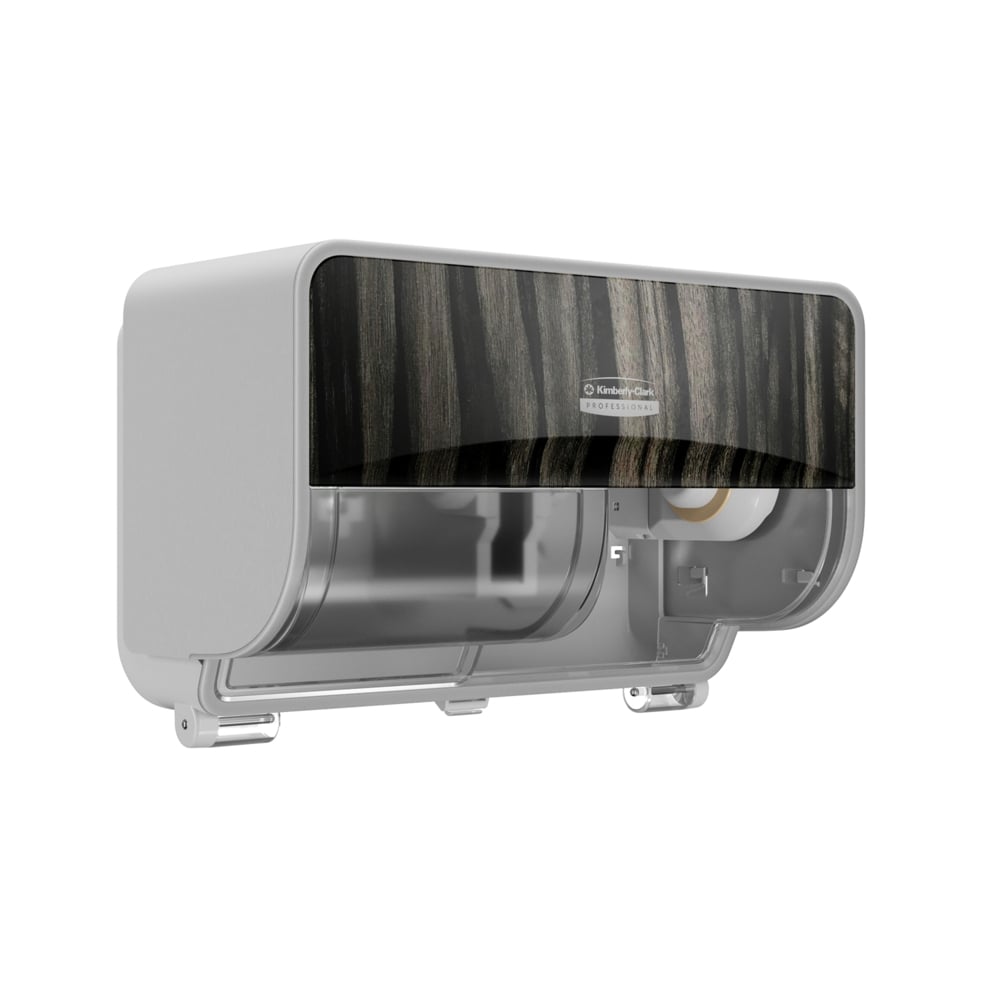 Kimberly-Clark Professional™ ICON™ Coreless Standard Roll Horizontal Toilet Paper Dispenser 2 Roll (58752), with Ebony Woodgrain Design Faceplate, 7.9" x 12.4" x 6.42" (Qty 1) - 58752