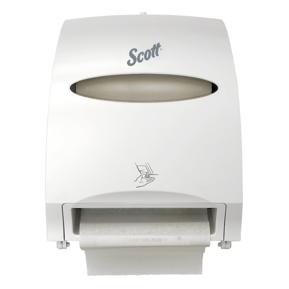 Distributrice automatique d’essuie-mains en rouleau Scott® Essential™ (48858), blanche, pour les essuie-mains en rouleau Scott® avec mandrin violet, 32,26 cm x 40,03 cm x 24,31 cm (12,70 po x 15,76 po x 9,57 po) (qté 1) - 48858