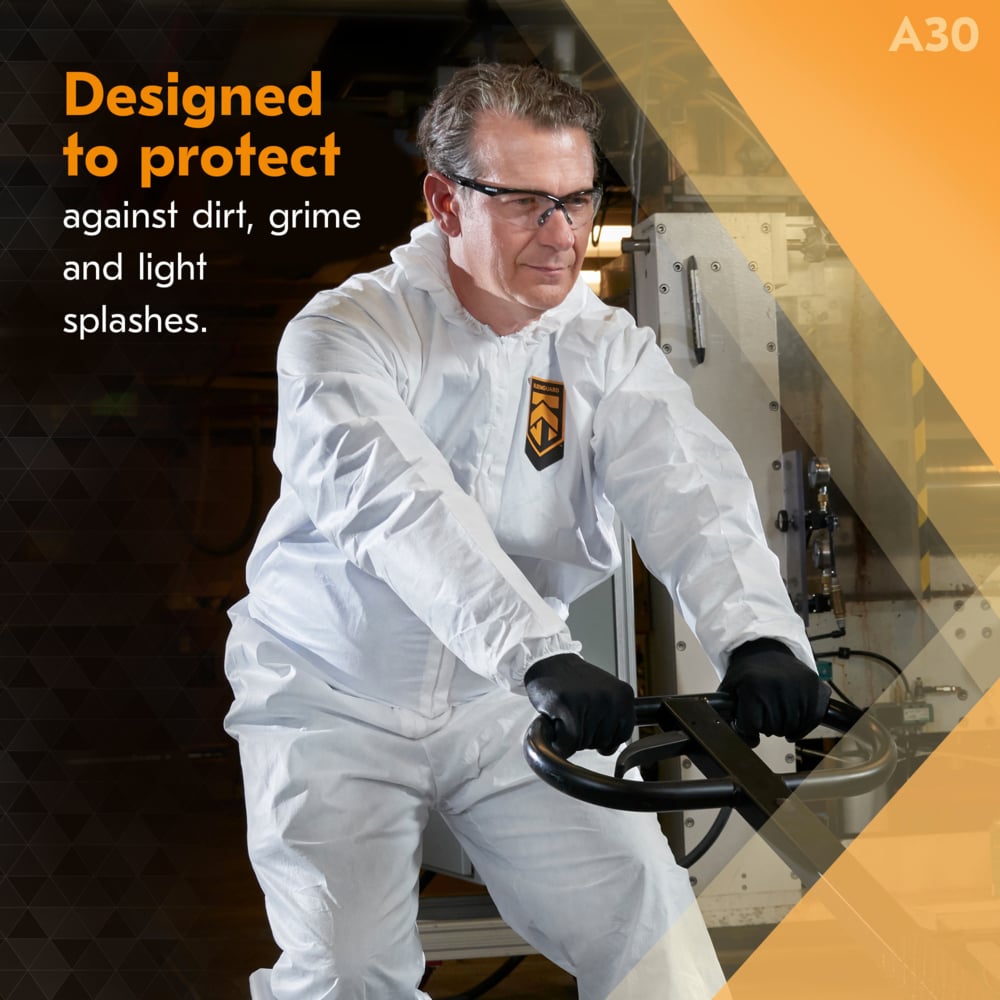 KleenGuard™ A30 Breathable Splash and Particle Protection Coveralls (46117), REFLEX Design, Hood, Zip Front, Elastic Wrists & Ankles (EWA), White, 4XL, 21 / Case - 46117