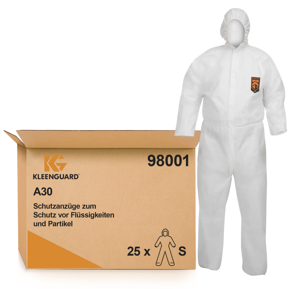 KleenGuard® A30 Overalls met capuchon voor bescherming tegen waterspatten of chemische spatten 98001 - PBM - 25 x witte overalls voor eenmalig gebruik in maat S - 98001