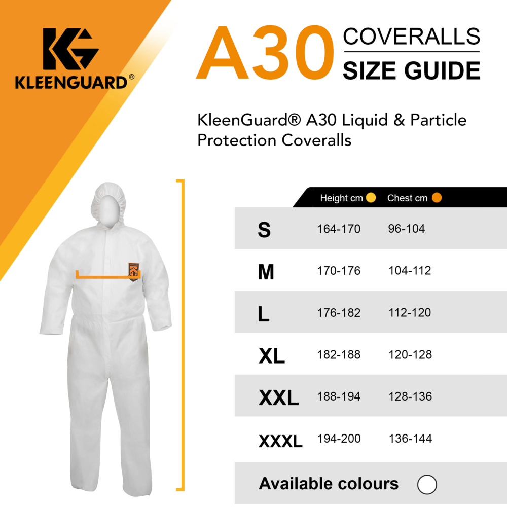 KleenGuard® A30 Overalls met capuchon voor bescherming tegen waterspatten of chemische spatten 98001 - PBM - 25 x witte overalls voor eenmalig gebruik in maat S - 98001