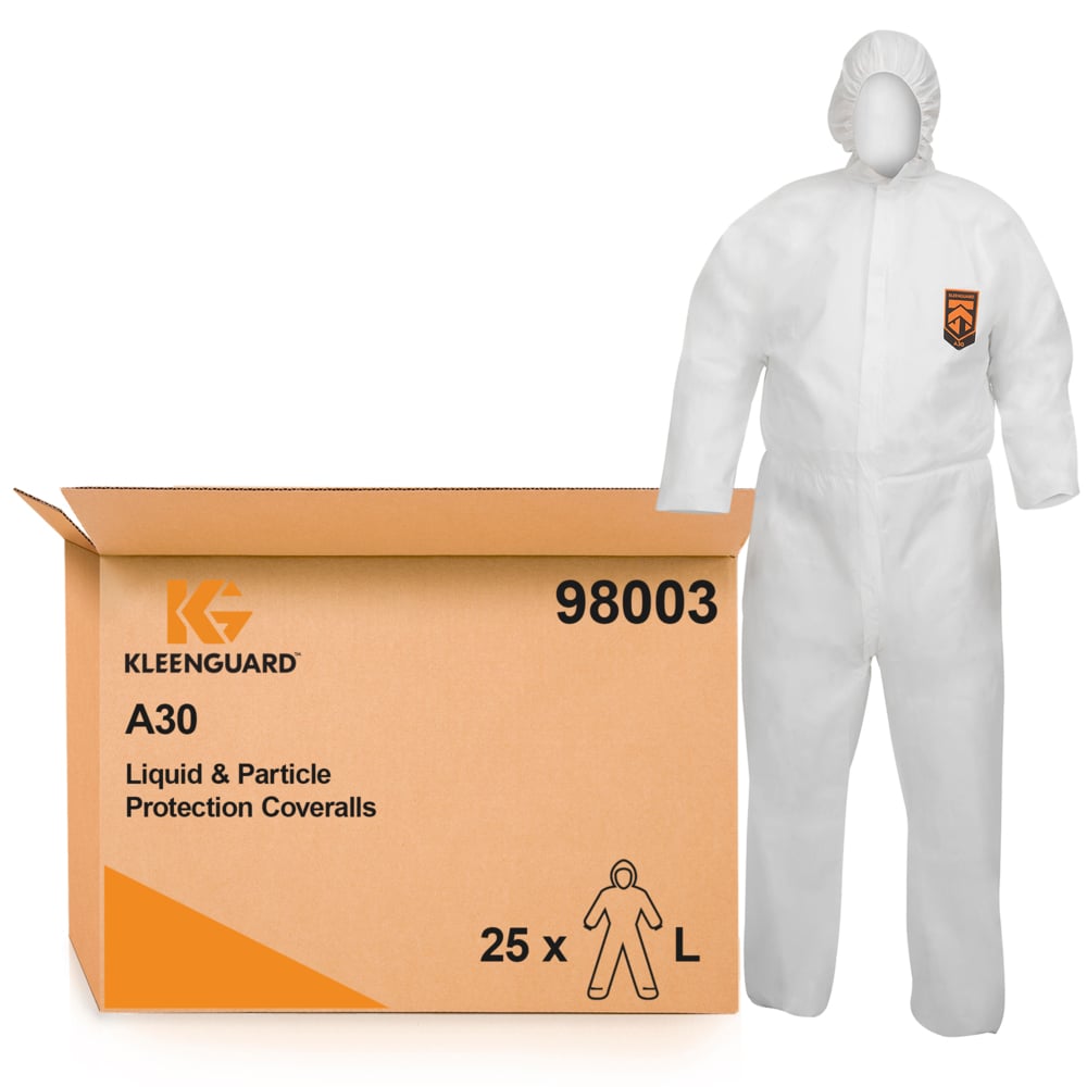 KleenGuard® A30 Overalls met capuchon voor bescherming tegen waterspatten of chemische spatten 98003 - PBM - 25 x witte overalls voor eenmalig gebruik in maat L - 98003