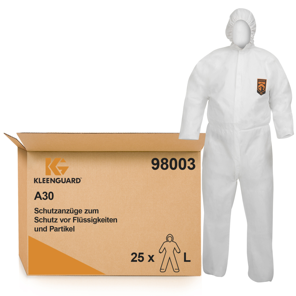 Combinaisons à capuche de protection contre les liquides et les particules KleenGuard® A30 98003 - EPI - 25 combinaisons blanches jetables taille L - 98003