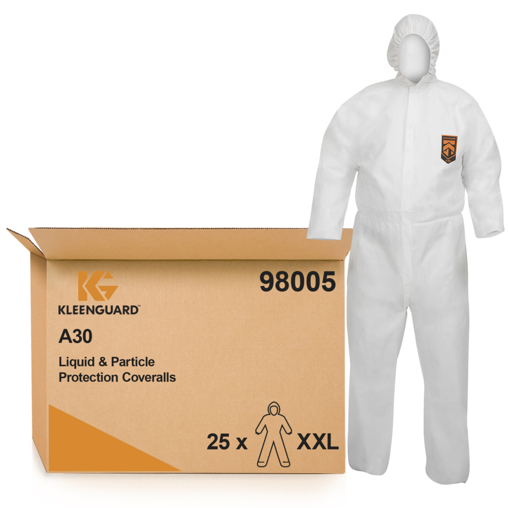 KleenGuard® A30 overalls met capuchon voor bescherming tegen waterspatten of chemische spatten 98005 - PBM - 25 x witte overalls voor eenmalig gebruik in maat 2XL - 98005