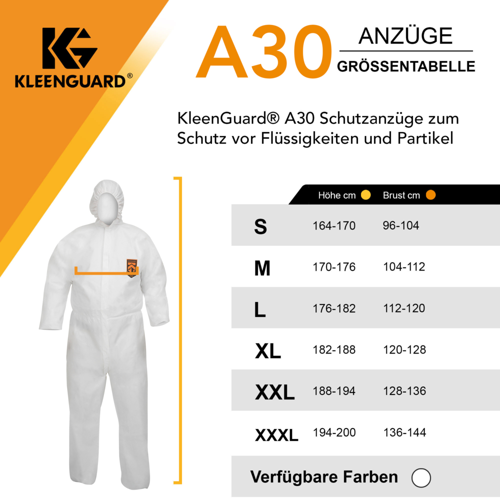 Combinaisons à capuche de protection contre les liquides et les particules KleenGuard® A30 98006 - EPI - 25 combinaisons blanches jetables taille 3XL - 98006