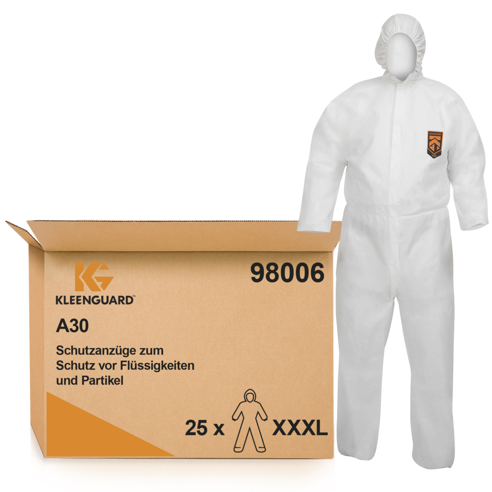 Combinaisons à capuche de protection contre les liquides et les particules KleenGuard® A30 98006 - EPI - 25 combinaisons blanches jetables taille 3XL - 98006