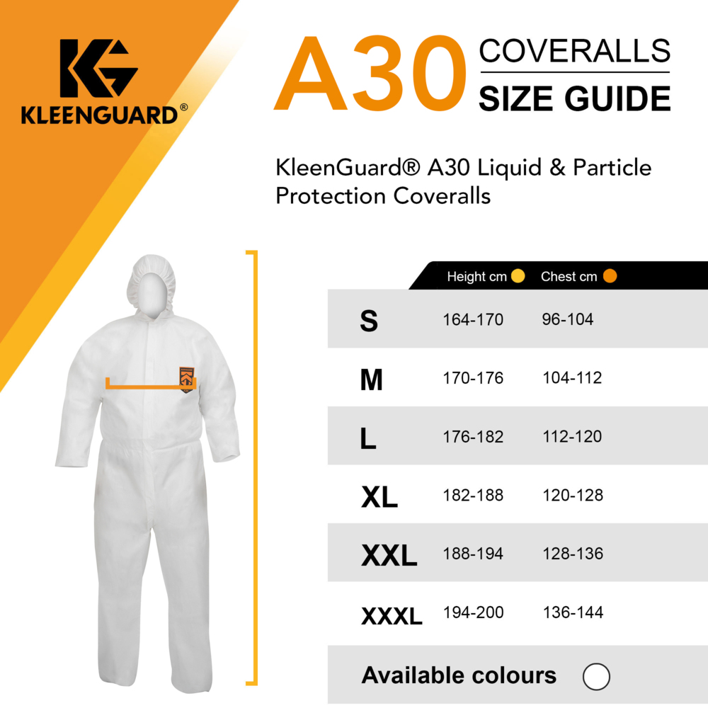 Combinaisons à capuche de protection contre les liquides et les particules KleenGuard® A30 98002 - EPI - 25 combinaisons blanches jetables taille M - 98002