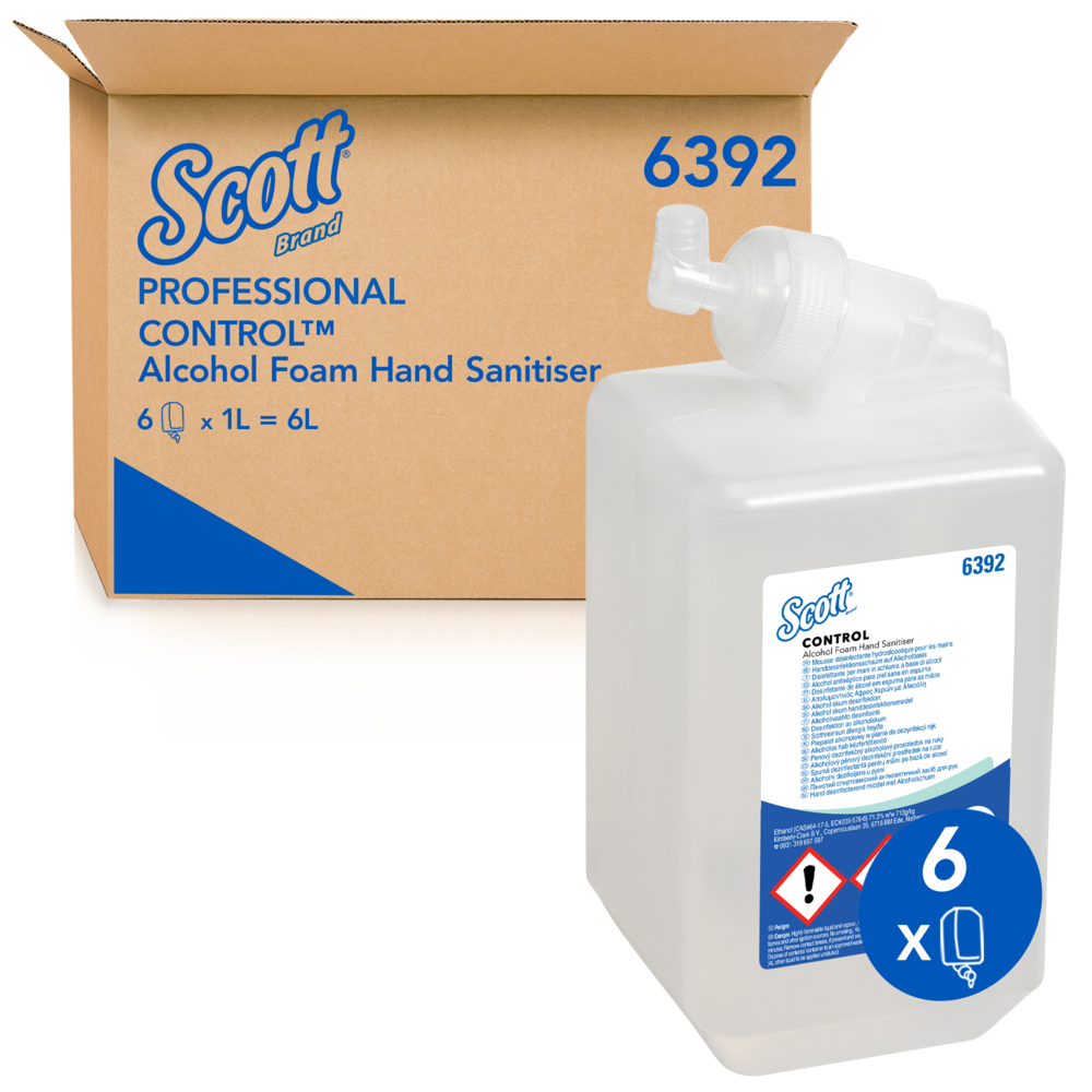 Mousse hydroalcoolique pour les mains Scott® Control™ 6392 - 6 recharges de désinfectant transparent pour les mains de 1 litre (6 litres au total)