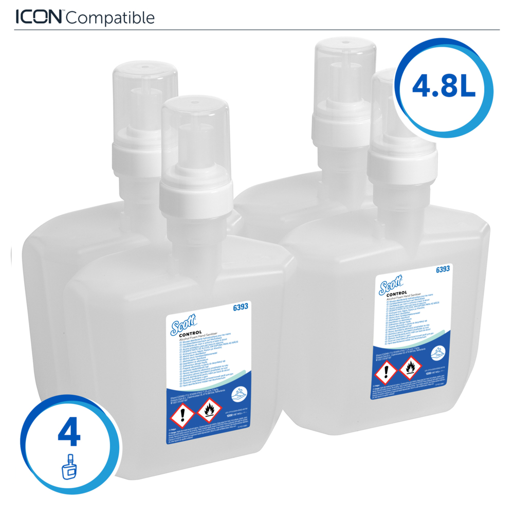 Mousse hydroalcoolique pour les mains Scott® Control™ 6393 - 4 recharges de 1,2 litre de désinfectant pour les mains transparent (4,8 litres au total) - 6393
