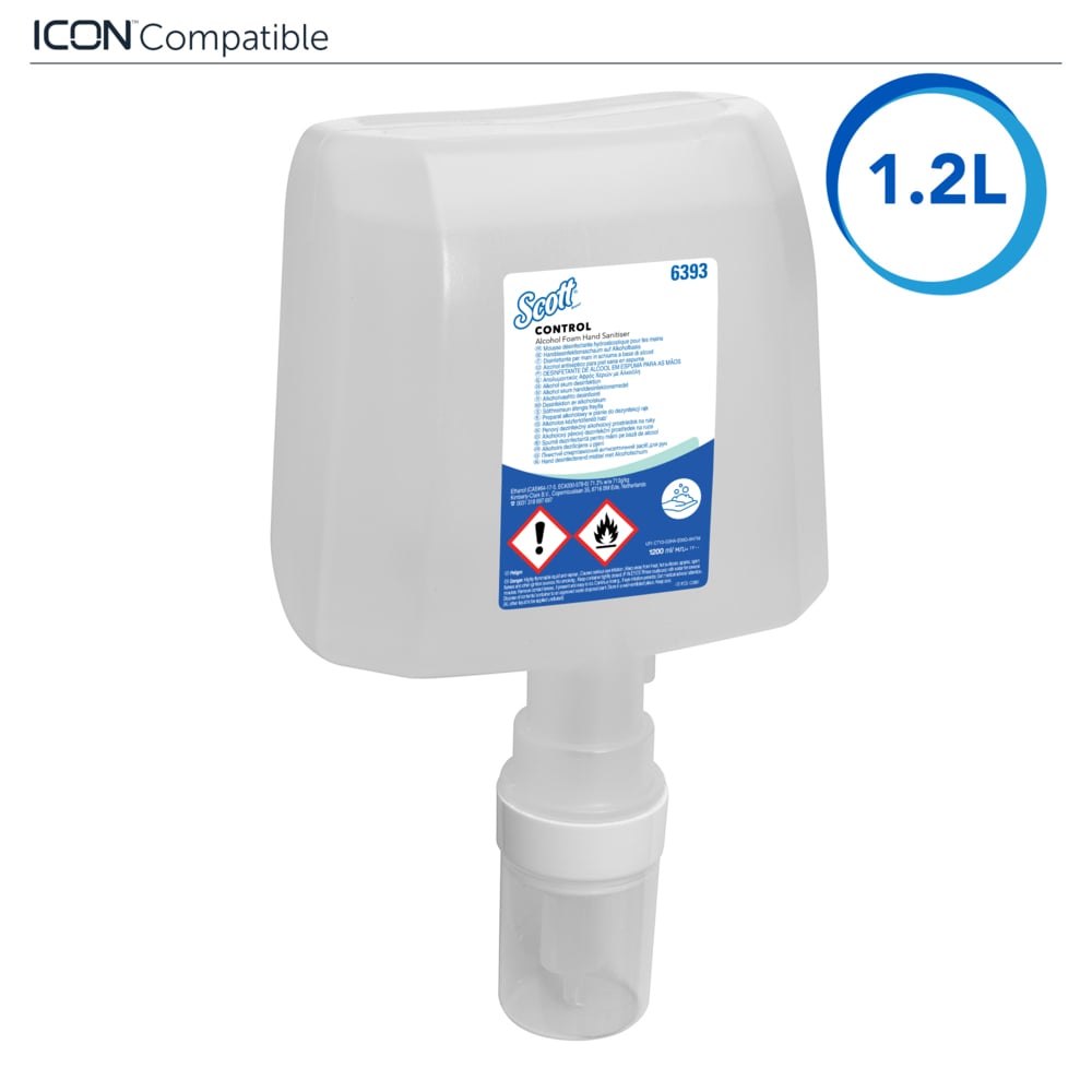 Mousse hydroalcoolique pour les mains Scott® Control™ 6393 - 4 recharges de 1,2 litre de désinfectant pour les mains transparent (4,8 litres au total) - 6393