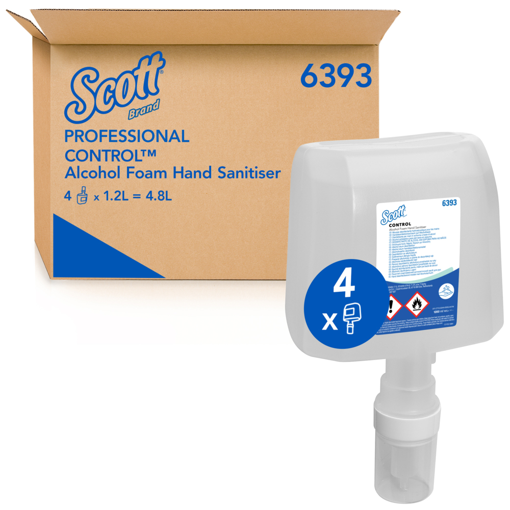 Mousse hydroalcoolique pour les mains Scott® Control™ 6393 - 4 recharges de 1,2 litre de désinfectant pour les mains transparent (4,8 litres au total)