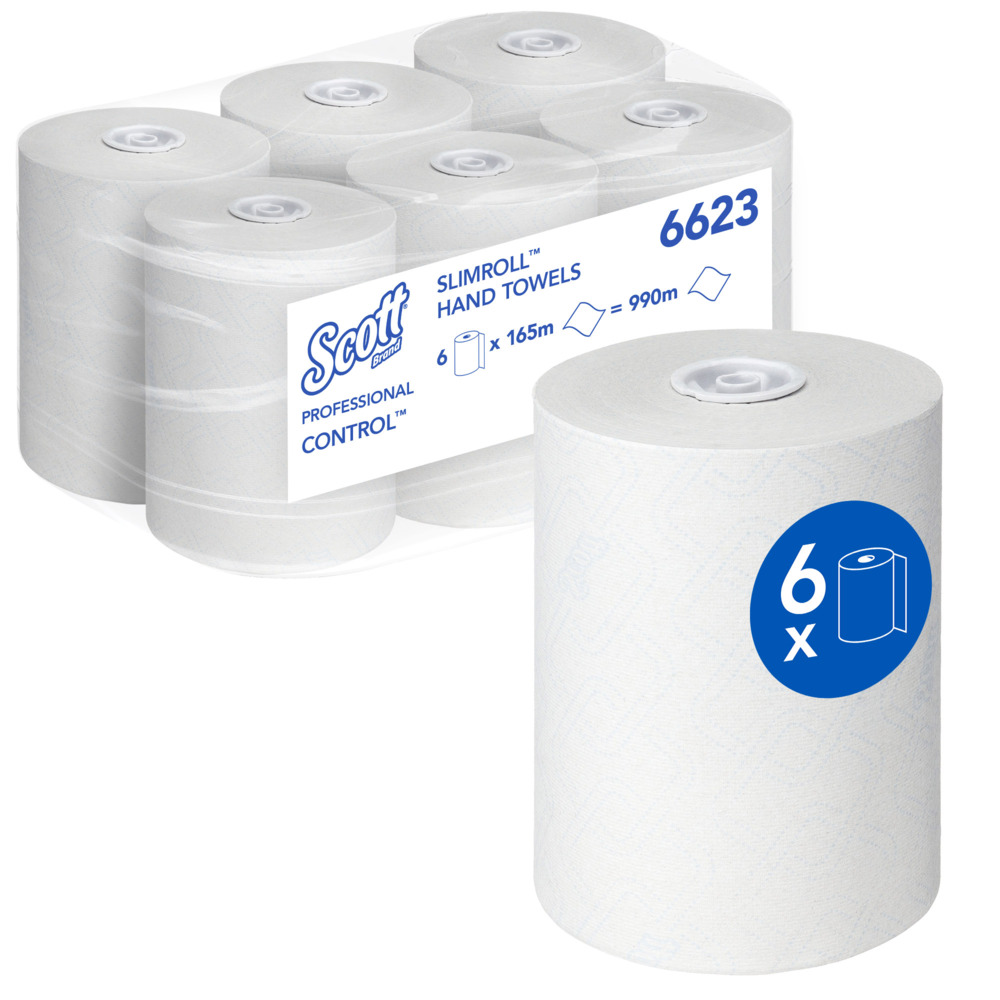 Essuie-mains roulés Scott® Control™ Slimroll™ 6623 – Essuie-mains en papier jetables – 6 rouleaux d'essuie-mains en papier x 165 m d'essuie-mains en papier blancs (990 m au total)