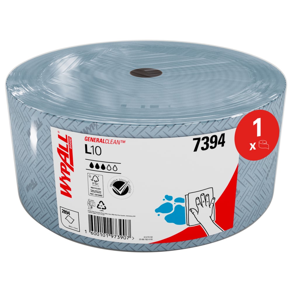WypAll® L10 Large Roll Wipers 7394 - Blue Roll Wiping Paper - 1 Jumbo Roll x 2,895 Blue Cleaning Wipes (1,100m Total) - 7394