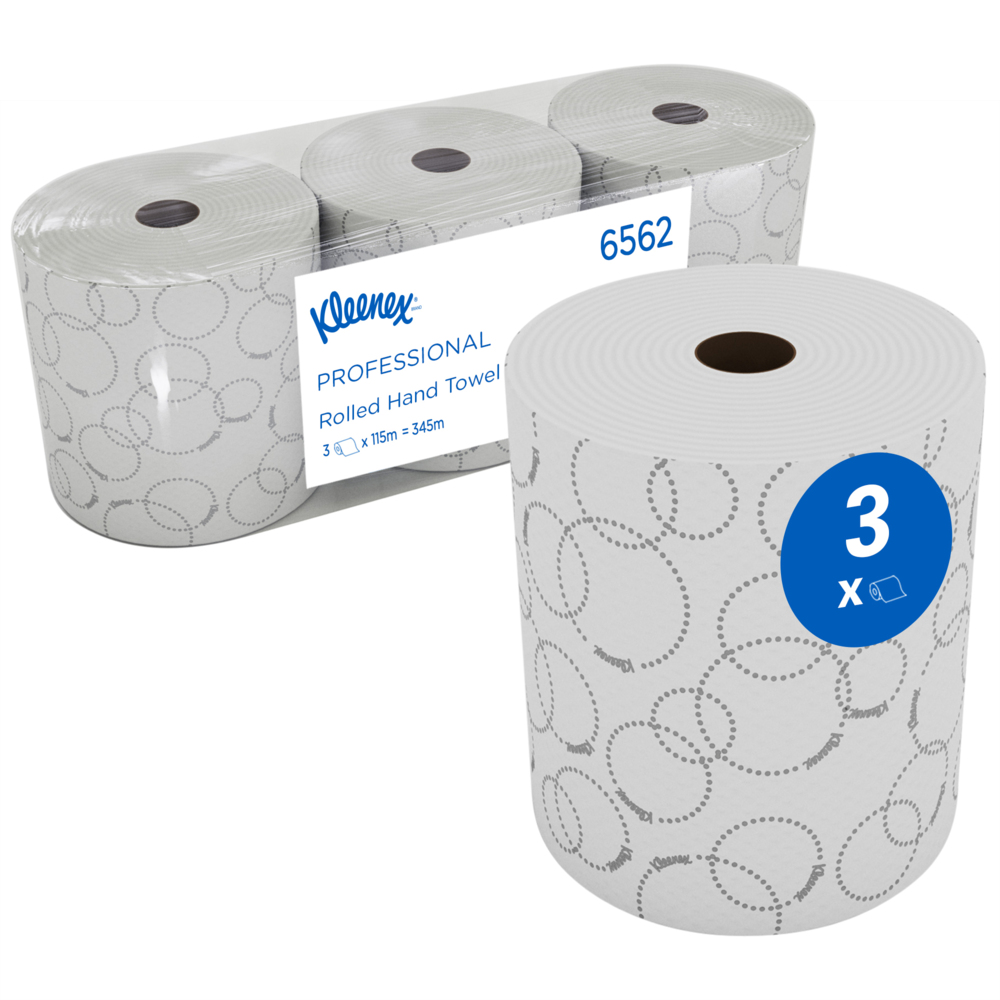 Kleenex® Rolled Hand Towels 6562 - 2 Ply Paper Towel Rolls - 3 Roll Towels x 115m White, Embossed, Paper Hand Towels (345m Total) - 6562