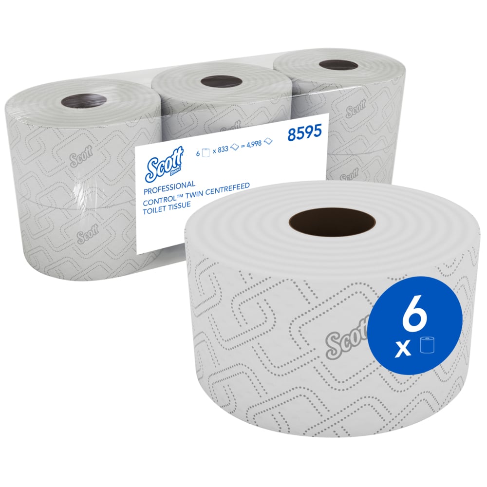 Scott® Control™ Twin Toilet Tissue 8595 - 2 Ply Toilet Paper Centrefeed Rolls - 6 Toilet Rolls x 833 White, Embossed Bath Tissue Sheets (4,998 Total) - 8595
