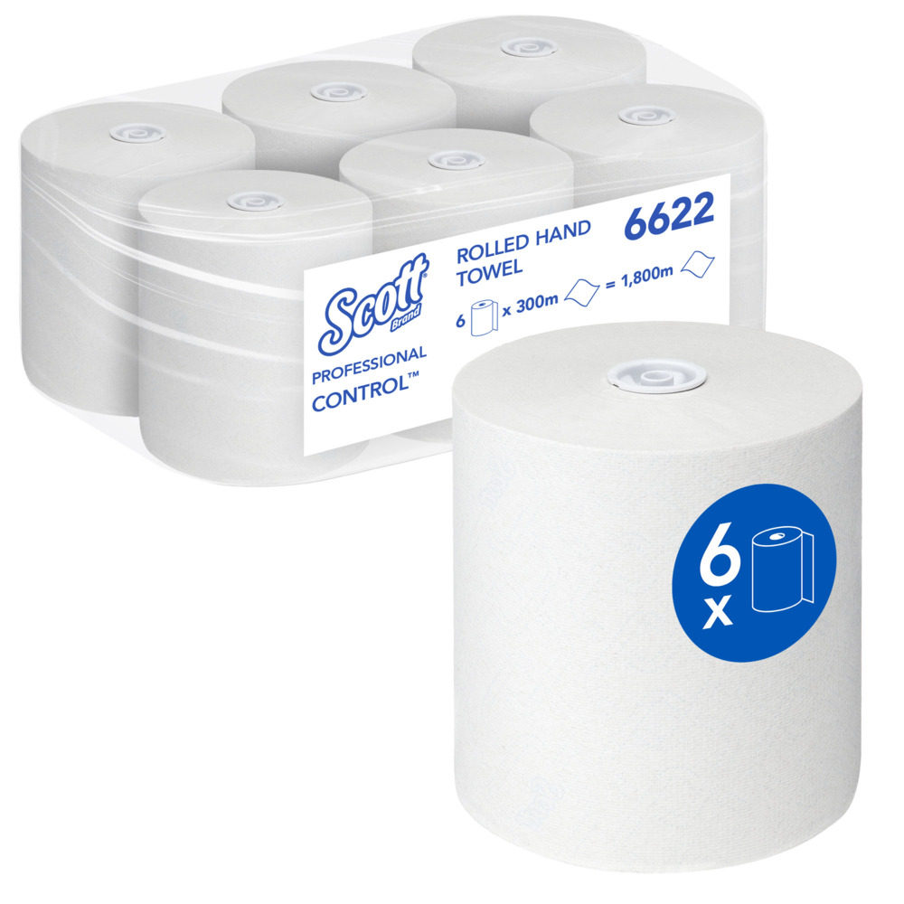 Essuie-mains roulés Scott® Control™ 6622 – Essuie-mains jetables – 6 rouleaux d'essuie-mains en papier x 300 m d'essuie-mains en papier blanc (1 800 m au total)