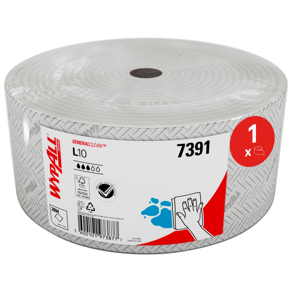 WypAll® L10 Large Roll Wipers 7391 - Jumbo Roll Wiping Paper - 1 Large Roll x 2,895 White Cleaning Wipes (1,100m Total) - 7391